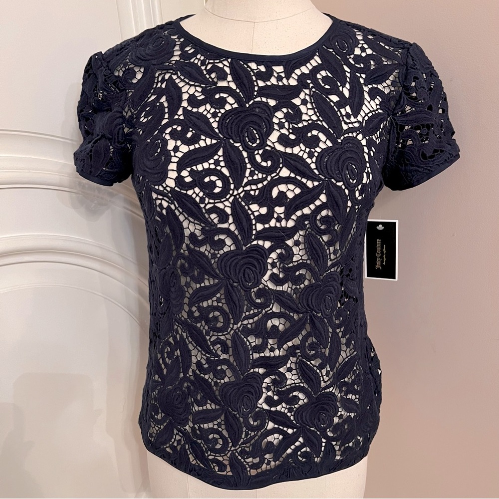 NWT Juicy Couture Guipuere Lace Short Sleeve Top - Regal Blue